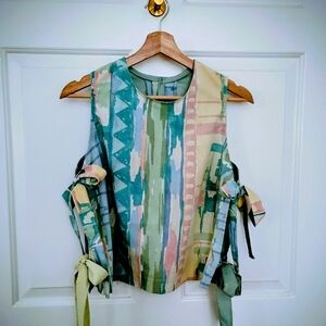 90s Pastel Abstract Sleeveless Side Tie Blouse